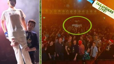 Greg James crowd surfs a mannequin dressed up as former England captain Allan Lamb at the Tailenders Live Show.