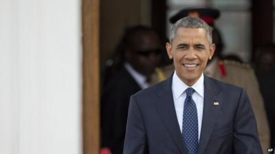 US President Obama arriving for a news conference during his Kenyan visit