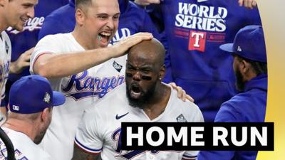 Texas Rangers' Adolis Garcia celebrates his walk-off home run