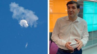 Left: Balloon being shot down; Right: Gordon Corera