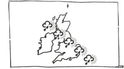 Black and white drawing of shower symbols across the UK