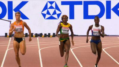 Dina Asher Smith (right) setting a British Record at the World Championships.