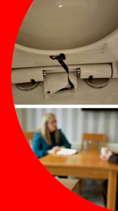 Split screen: Top shows a webcam hidden in a toilet seat. Bottom shows a blurred woman at a table.
