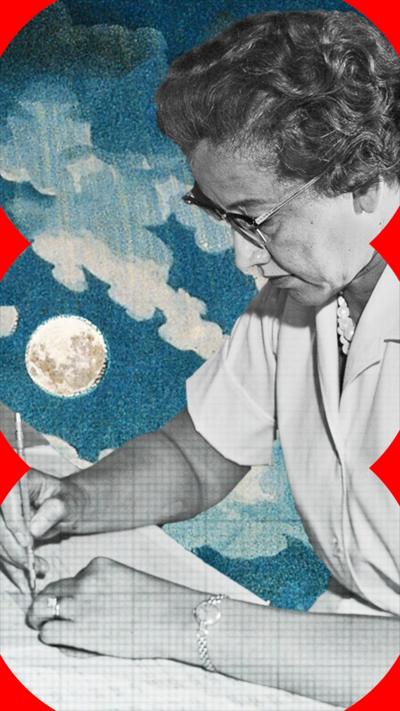 A black and white photo of mathematician Katherine Johnson superimposed on a graphic showing the Moon in the night sky.
