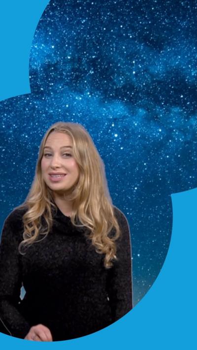 BBC Weather presenter Sophia Herod superimposed on a blue-looking image of the night sky filled with stars