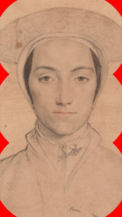 A portrait of young woman, in black ink on a beige coloured canvas. She is wearing a circular shaped hat.