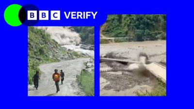 A composite image showing screengrabs from two verified videos that have emerged from Nepal following floods. The picture on the left shows people fleeing from the flood water, and the second image shows a destroyed bridge.
