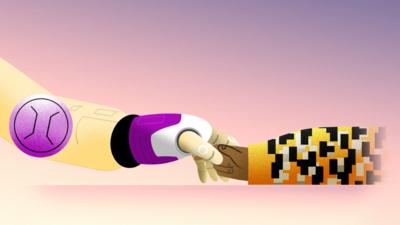 A robot’s hand and a human hand reaching toward each other, touching at the fingertips