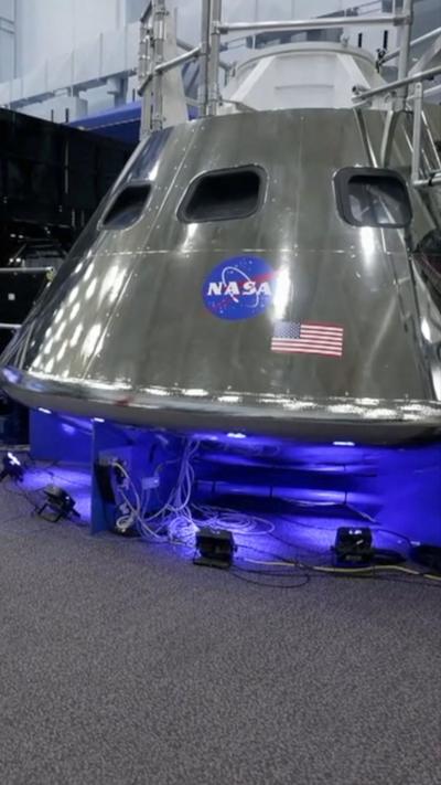 The exterior of an Orion spacecraft replica model