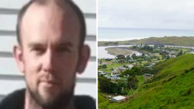 Split screen of Tom Phillips who abducted three of his children and the town of Marokopa in New Zealand
