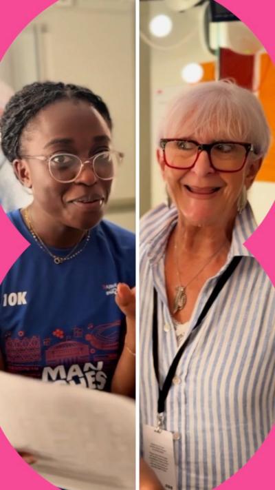 Split screen: Minah wearing glasses and a blue top, smiling and Linda, looking to the side and smiling, wearing a stripy shirt.