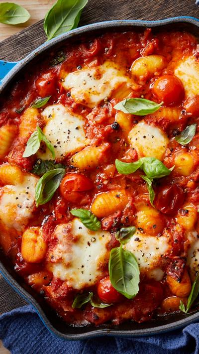 Top down view of a blue pan with one handle containing tomato and mozzarella gnocchi bake.