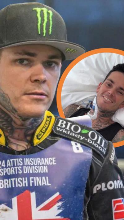 A man wearing a black cap with a bright green M on has racing leathers on. Inset is a picture of the man in a hospital bed