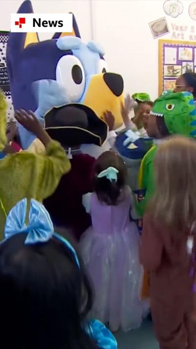 A group of children in a school hall gathered around Bluey in character