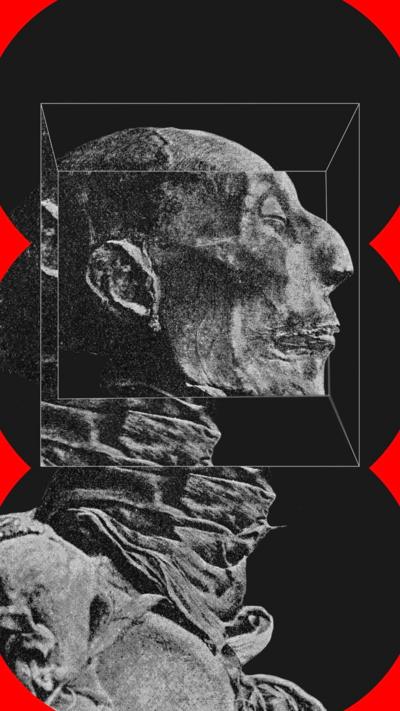 A blak and whit scan of a mummy.