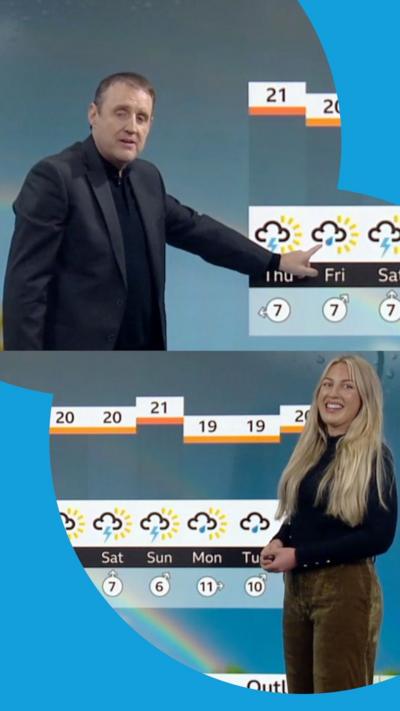 A splitscreen image showing Peter Kay and local weather presenter Molly Brewer standinin front of weather forecast graphics.