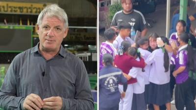 Jonathan Head in a split screen with Thai students hugging each other.