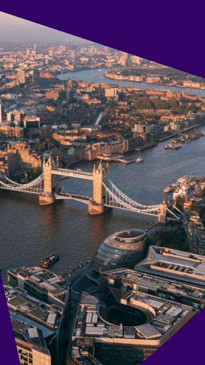 An aerial view of Tower Bridge and the Thames.