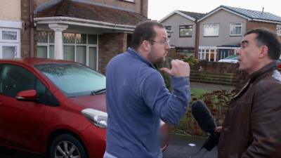 Reporter Wyre Davies confronts a member of the far-right group Patriotic Alternative on his doorstep