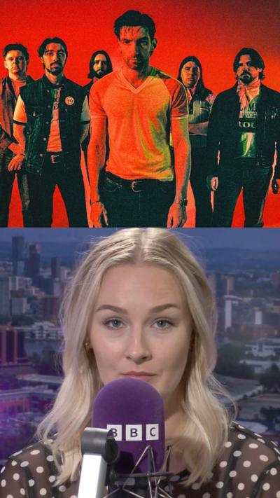 Split screen image of a blonde woman and a bbc microphone with a band 