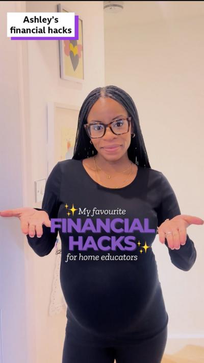 Ashley, a pregnant mother, stands in her house introducing her favourite financial hacks. 