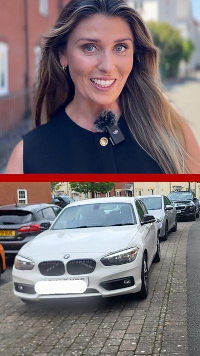 Half the image is a woman with a microphone smiling at the camera, the other half is a white BMW with the registration blurred out. 