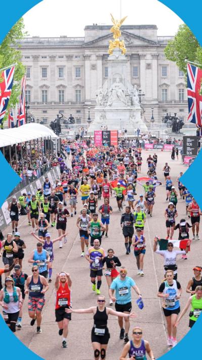 Runners at the 2025 London Marathon run down The Mall.