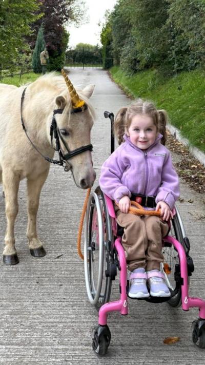 Young girl in a pink wheelchair, on a path beside a white pony