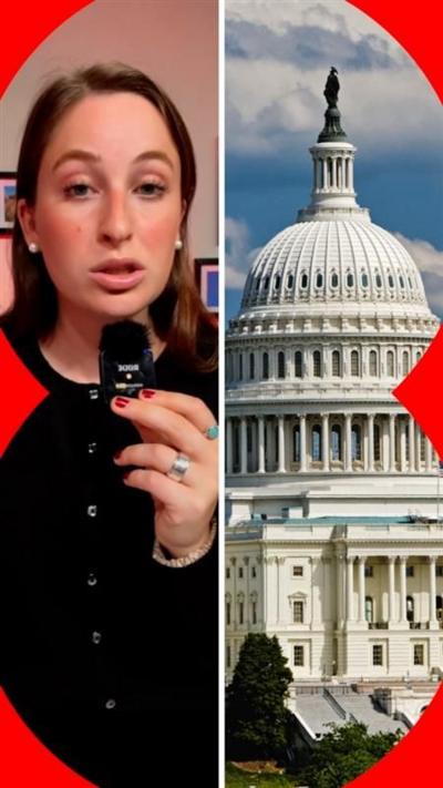 Split screen image: A woman holding a microphone, with pictures in black frames behind, on the left; Capitol Hill on the right