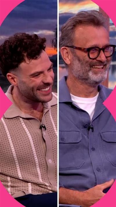 Composite image of Jordan North and Hugh Dennis on The One Show sofa