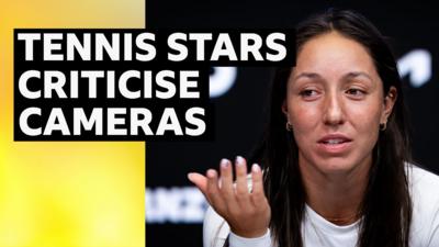Composite of Jessica Pegula at a press conference with headline text added.