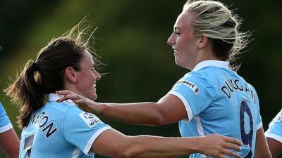 Manchester City's Toni Duggan celebrates scoring against Bristol Academy