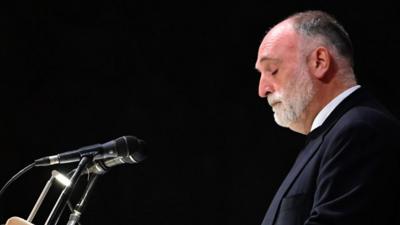 World Central Kitchen Founder José Andrés speaks during a memorial service for the seven workers killed in Gaza