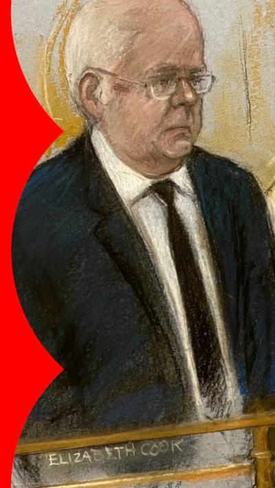 A court sketch of a man with short grey hair and glasses. He wears a dark suit.
