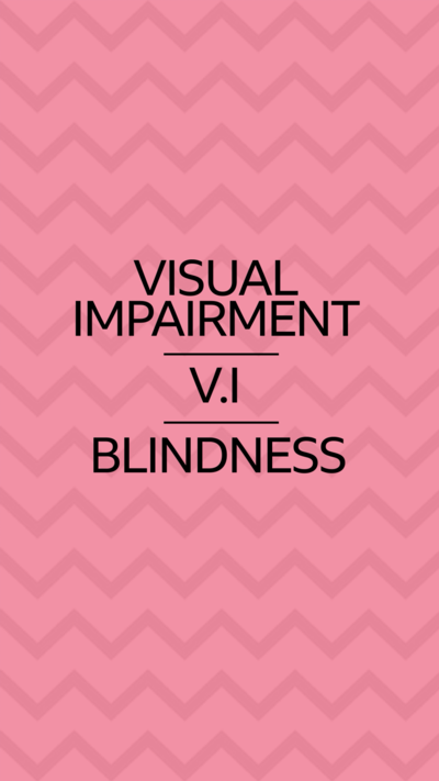 A pink background with the text 'Visual Impairment' 'V.I' 'Blindness' in the centre of the image.