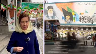 A composite image of Lyse Doucet on a street in Iran and a building with a political painting on it