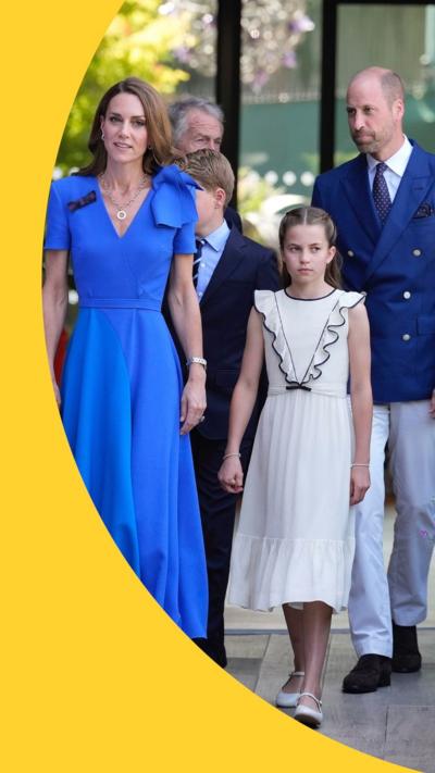 Catherine standing on the left in a blue dress, Charlotte in the middle wearing a white dress and William to the right in navy blue suit jacket.