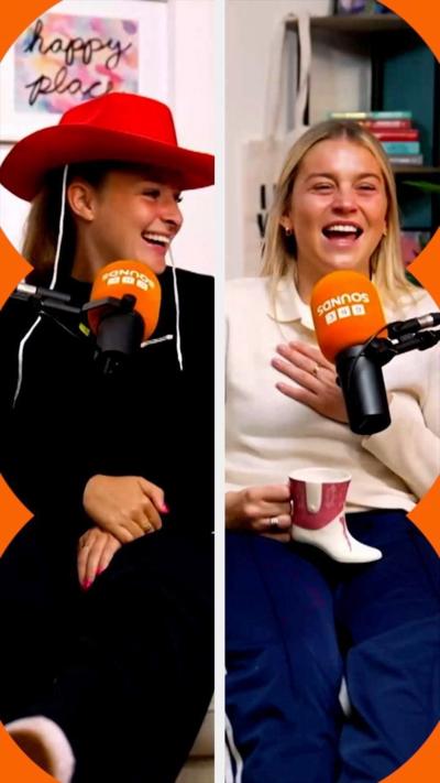 Composite of Ella Toone, wearing a red cowboy hat, and Alessia Russo, holding a boot-shaped mug, laughing while recording their podcast 