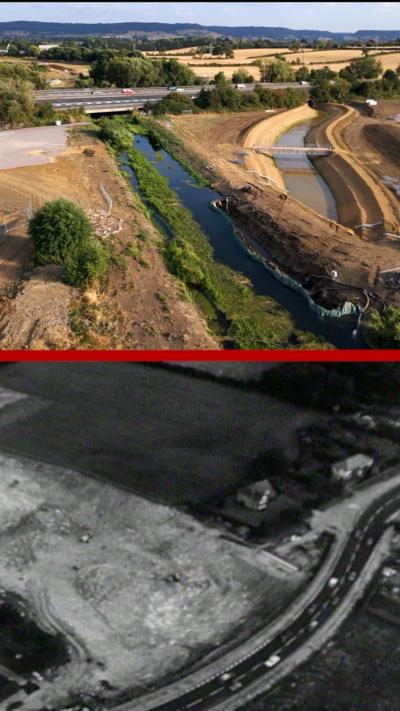 Top image is an aerial view of the canal by Stroud and the bottom image is a black and white archive photo of the canal being filled in near the M5.