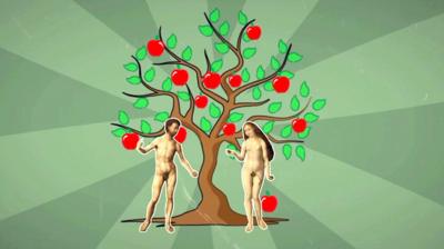 Depiction of Adam and Eve under an apple tree