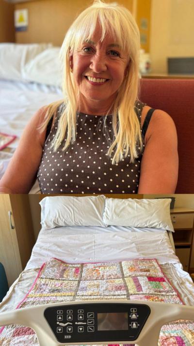 A woman with an image of a bed from the hospice