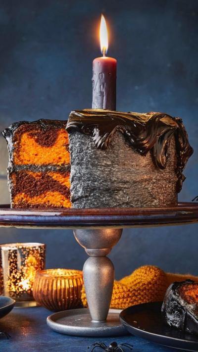 A chocolate marble cake on a black stand with a candle on the top.