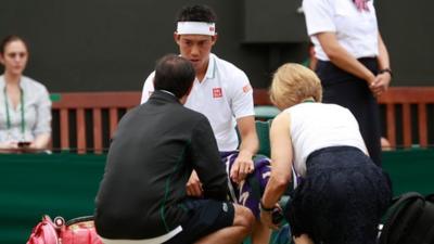 Kei Nishikori is forced to retire hurt at Wimbledon