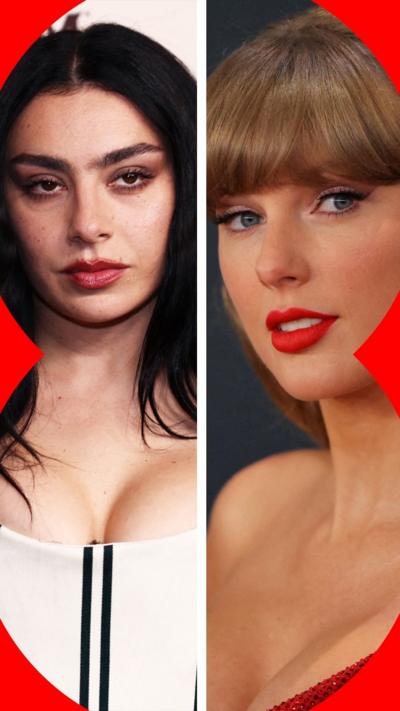 Composite image showing Charli XCX on left side and Taylor Swift on right side 