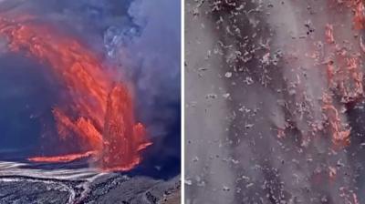 A split composite of an erupting volcano and a closeup of the lava