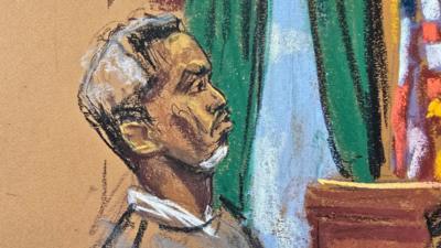 A courtroom sketch of P Diddy, with white hair and goatee.