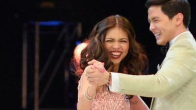 Filipino actors Alden Richards and Maine Mendoza perform at a charity concert in Manila, the Philippines