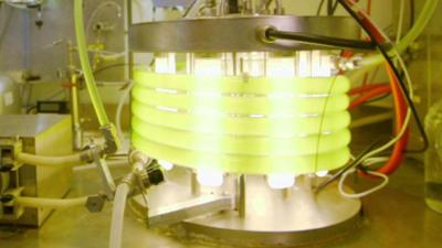 Spencer Kelly looks at a photobioreactor containing algae