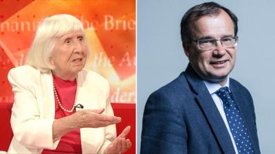 Left, Betty Brown wears a red top and cream jacket. Right, Gareth Thomas wears glasses, white shirt, blue suit jacket and blue tie with white dots.