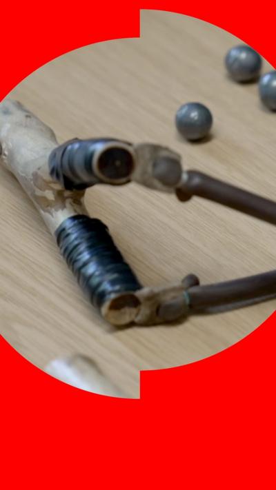 A catapult and metal beads